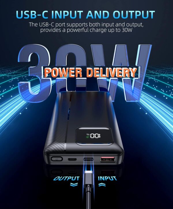 Power-Bank-Portable-Charger - 16000mAh Power Bank Support PD 30W and QC4.0 Fast Charger with Built-in 2 Output Cable and LED Display for iPhone and Android Phones and Most Electronic Devices - Image 3