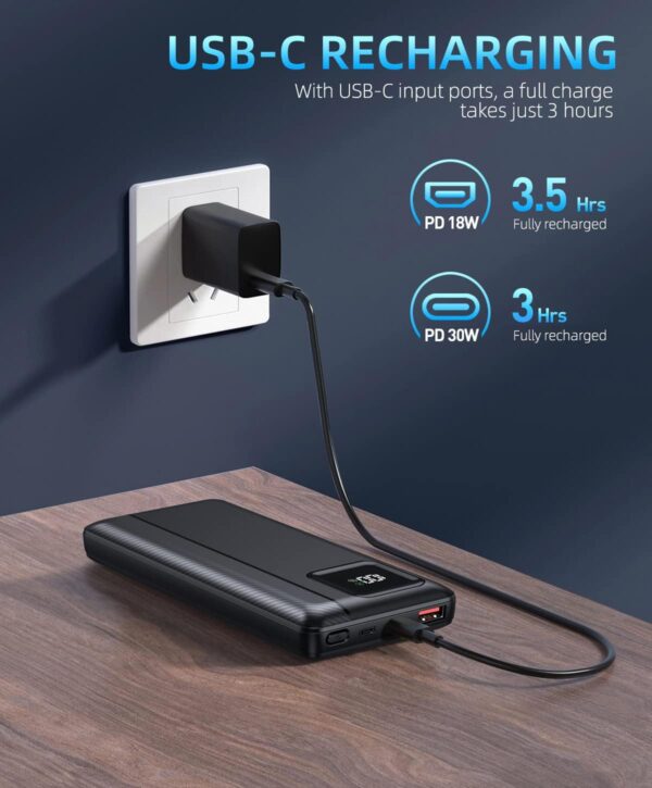Power-Bank-Portable-Charger - 16000mAh Power Bank Support PD 30W and QC4.0 Fast Charger with Built-in 2 Output Cable and LED Display for iPhone and Android Phones and Most Electronic Devices - Image 8